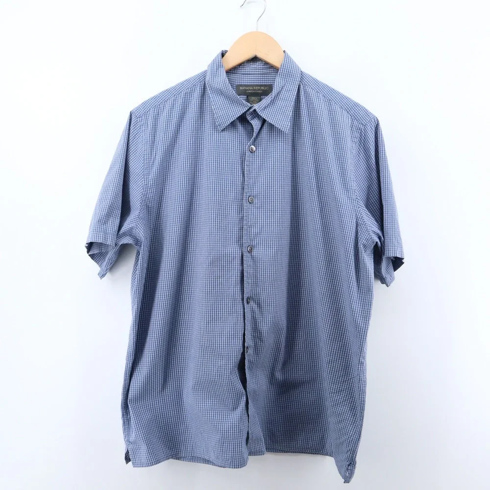 Banana Republic Shirt Large Blue Micro Check Y2K Stretch Cotton Short Sleeve
